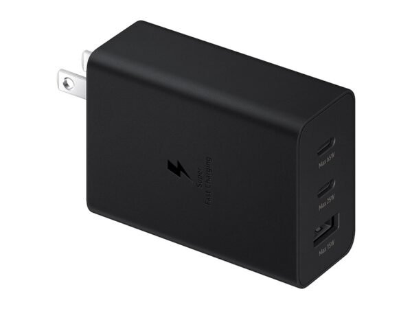 Samsung 65W Power Adapter Trio EP-T6530 with dual USB-C and USB-A ports for simultaneous charging