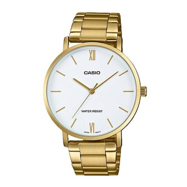 Side view of Casio MTP-VT01G-2B showcasing stainless steel golden band